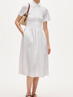 J. Crew White Smocked Button-Front Midi Dress